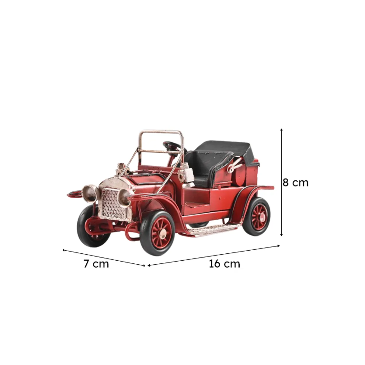Red vintage car tabletop showpiece shown with size markings