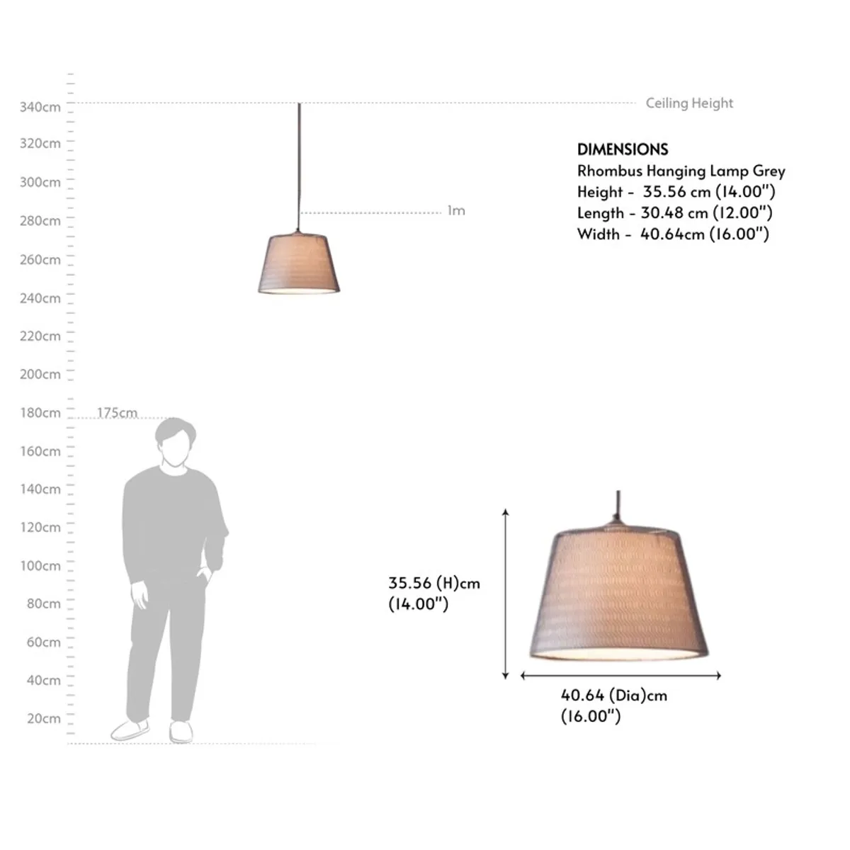 Dimension graphic for the grey hanging lamp with size illustration
