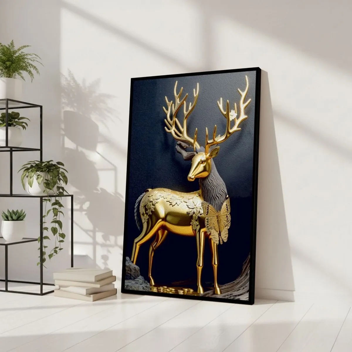 Framed golden stag wall art leaning against a wall