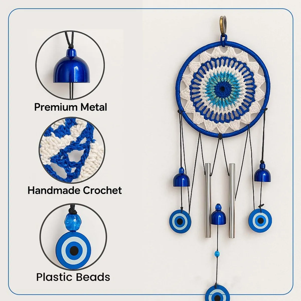 Blue wind chime showing its metal bells and textured circular centre