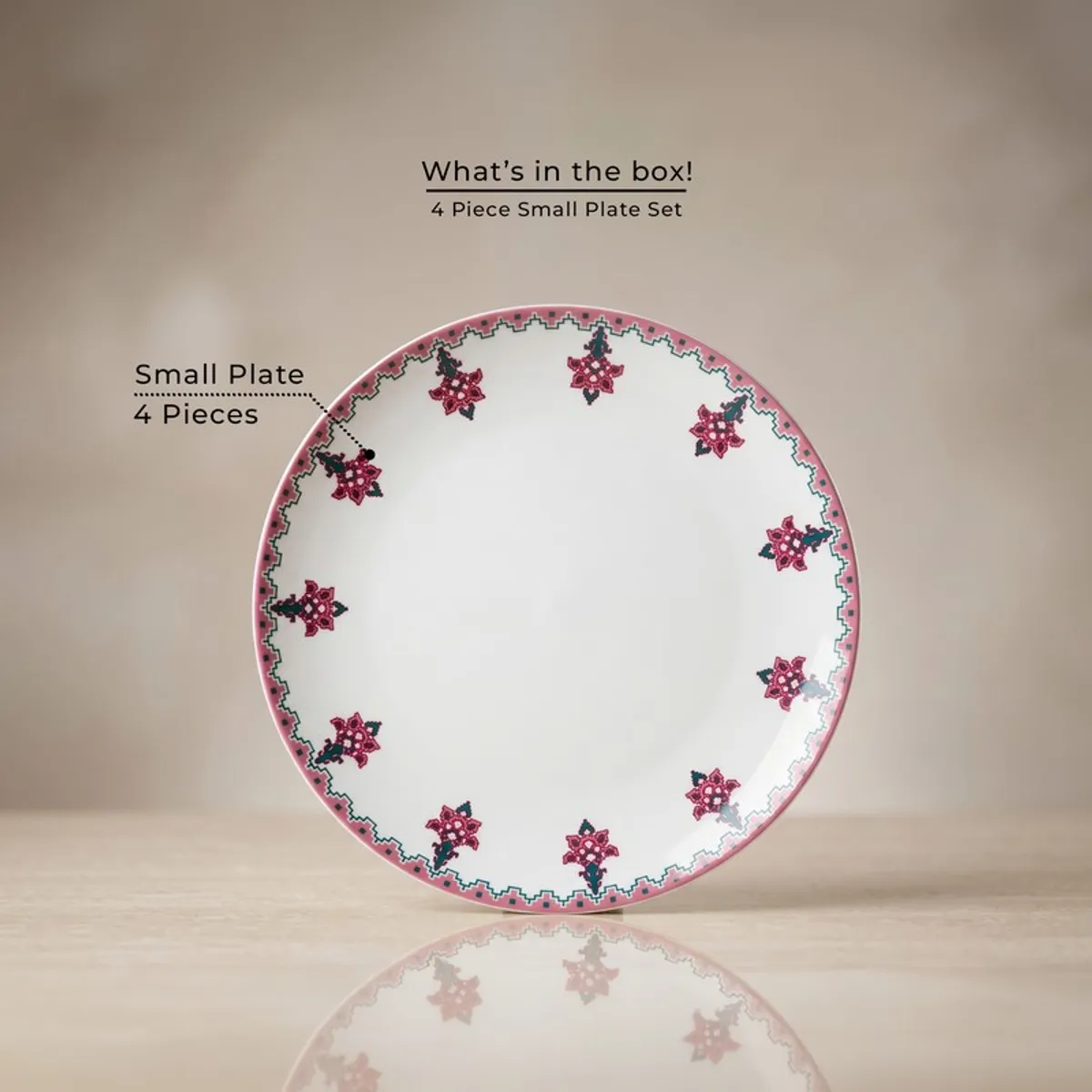 Single round pink and white floral quarter plate shown front facing.
