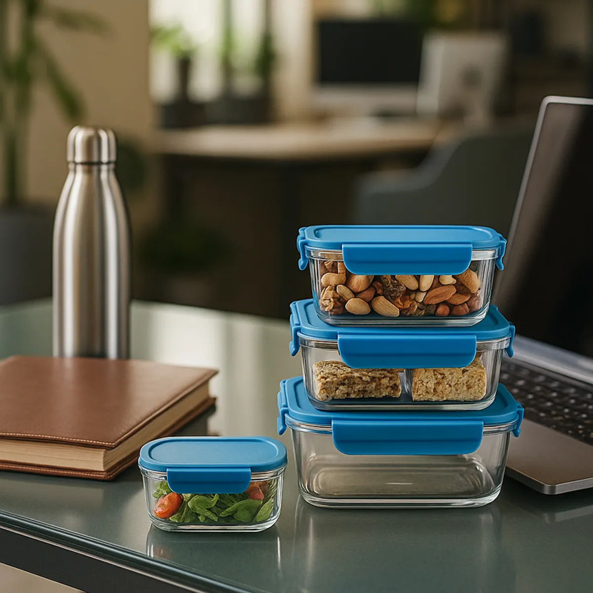 Four blue-lidded glass containers with snacks and salad arranged on a desk