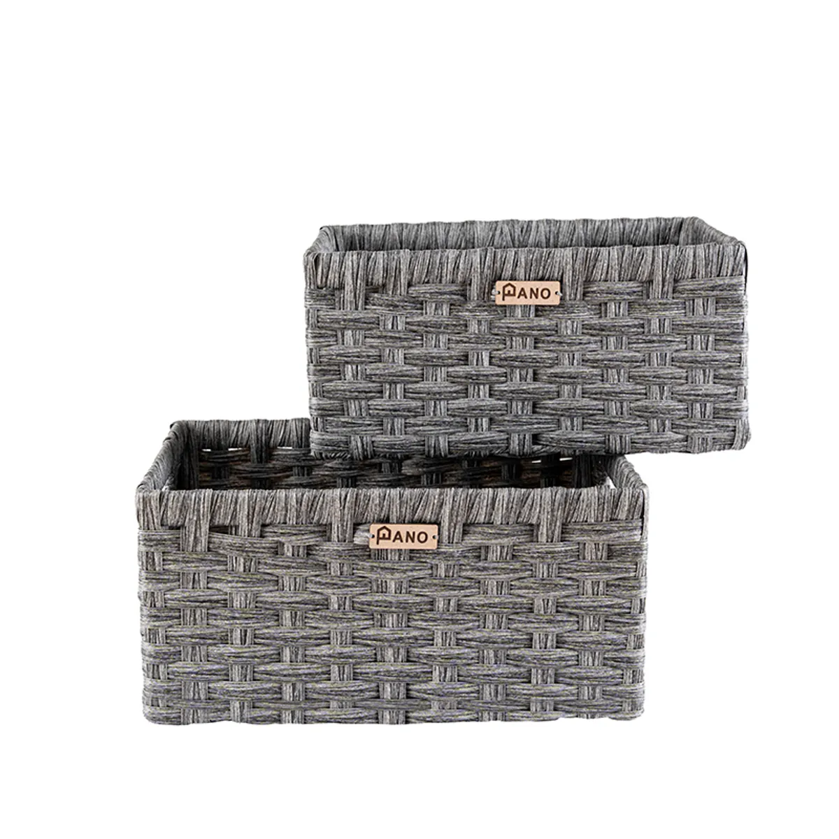 Two grey rectangular storage baskets on a white background