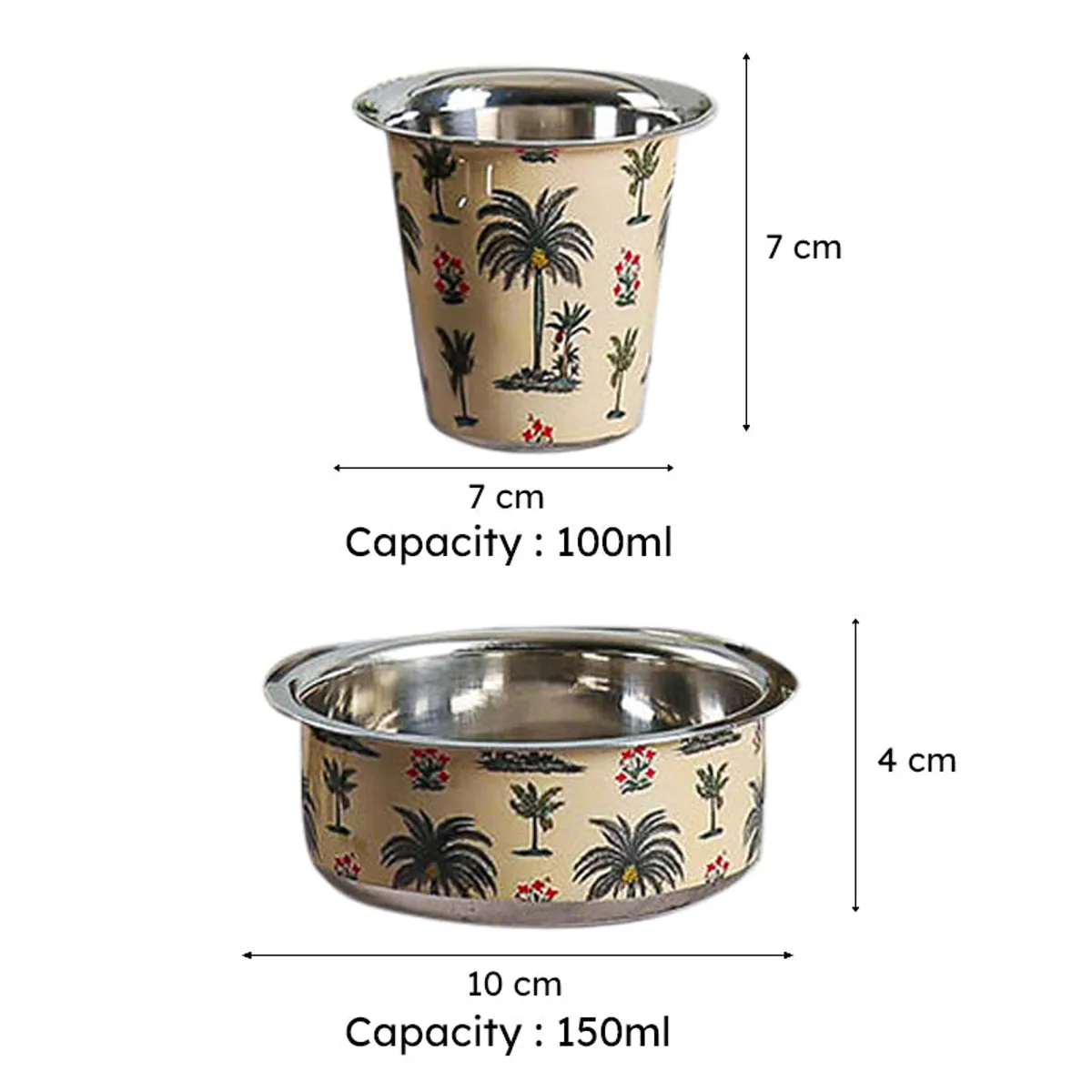 Bisa Brass Dabara Tumbler and Katori shown with 100 ml and 150 ml measurements.