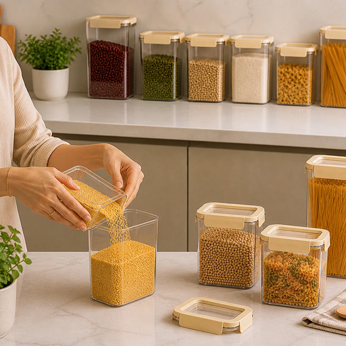 Open clear storage containers with beige lids being filled with grains on a countertop