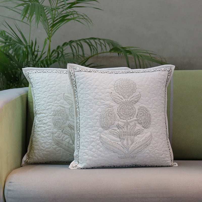 India Circus Silver Flora Tufted Cotton Cushion Cover - Set Of Two