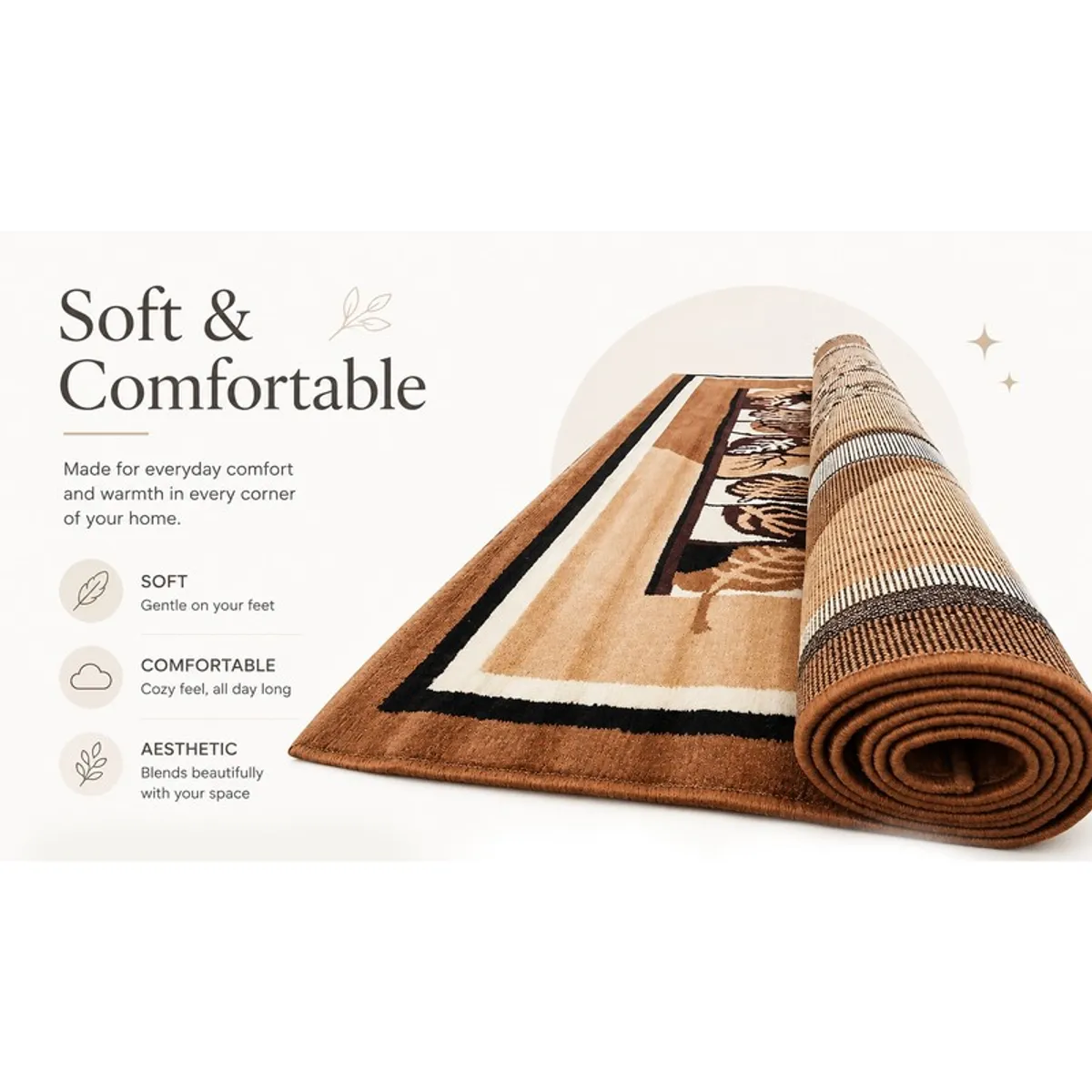Rolled brown carpet showing bordered abstract pattern and soft surface