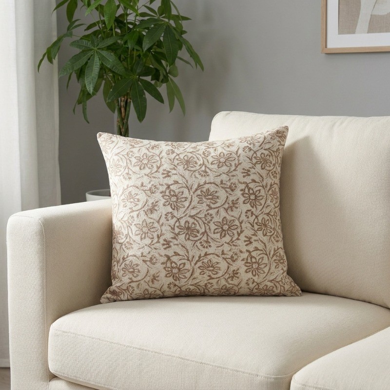 Floral Whim Printed Cotton Cushion Cover - White,Brown