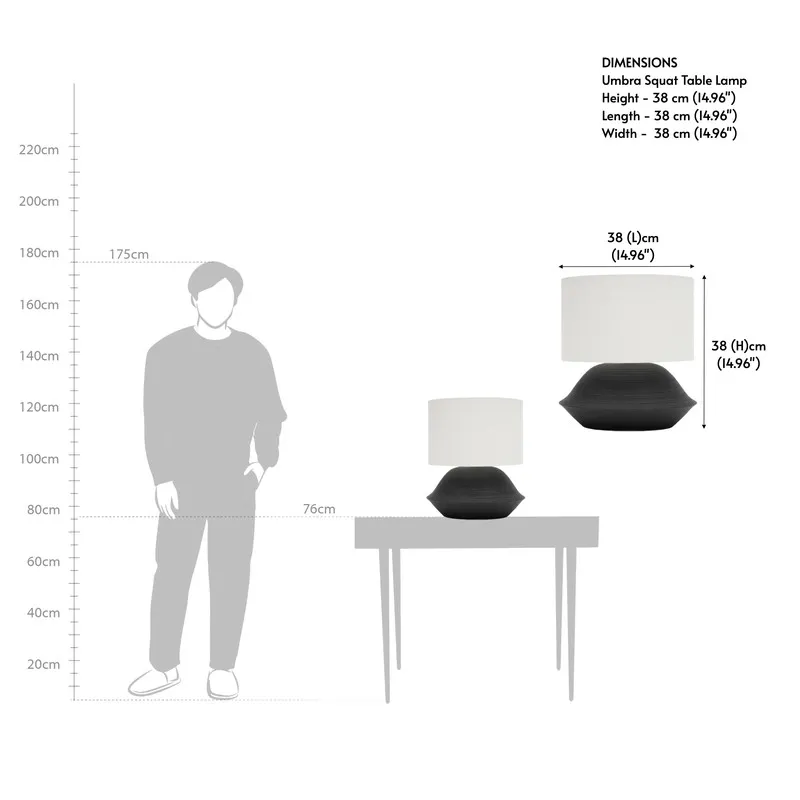 Table lamp size reference graphic showing a 38 x 38 x 38 cm lamp