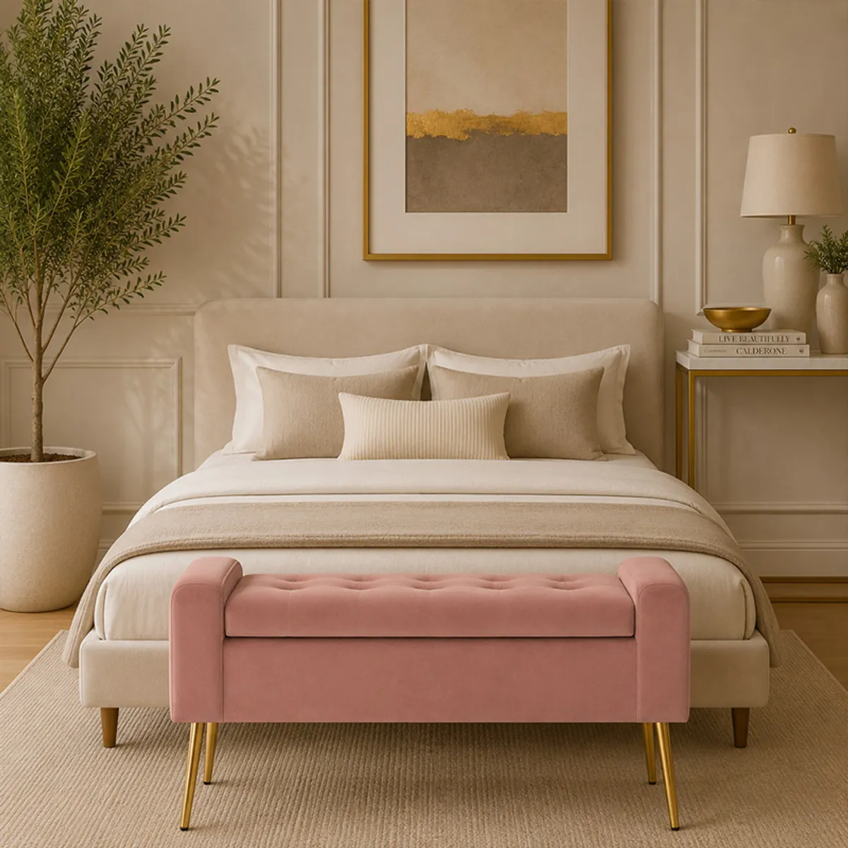 Pink velvet bench positioned at the foot of a bed