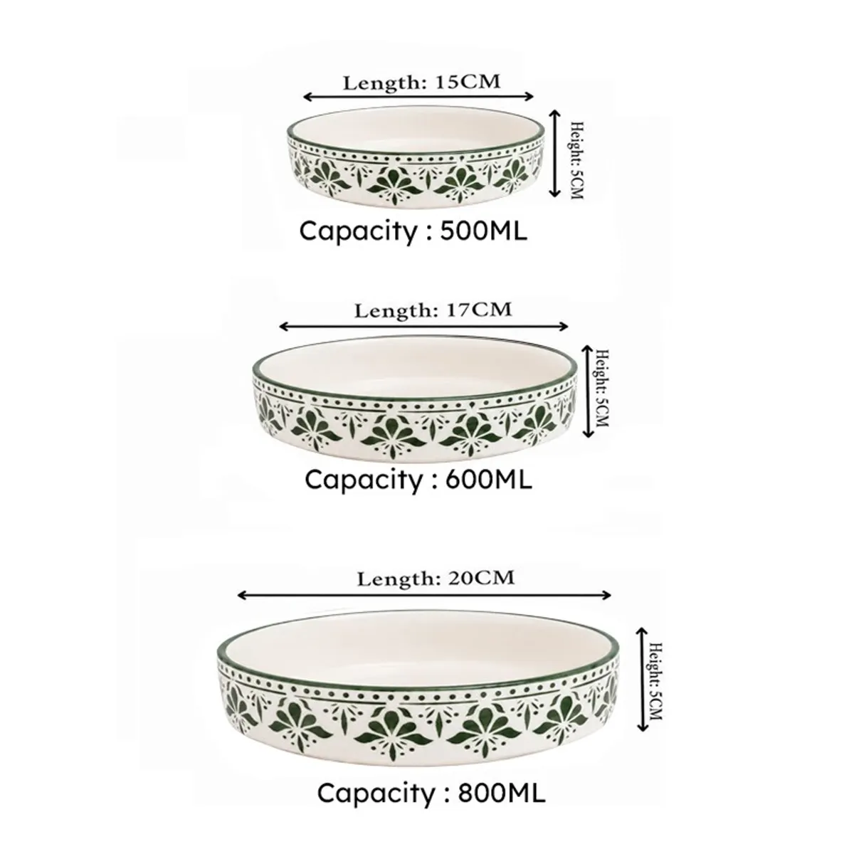 Three green floral bowls shown with 500 ml, 600 ml and 800 ml capacities