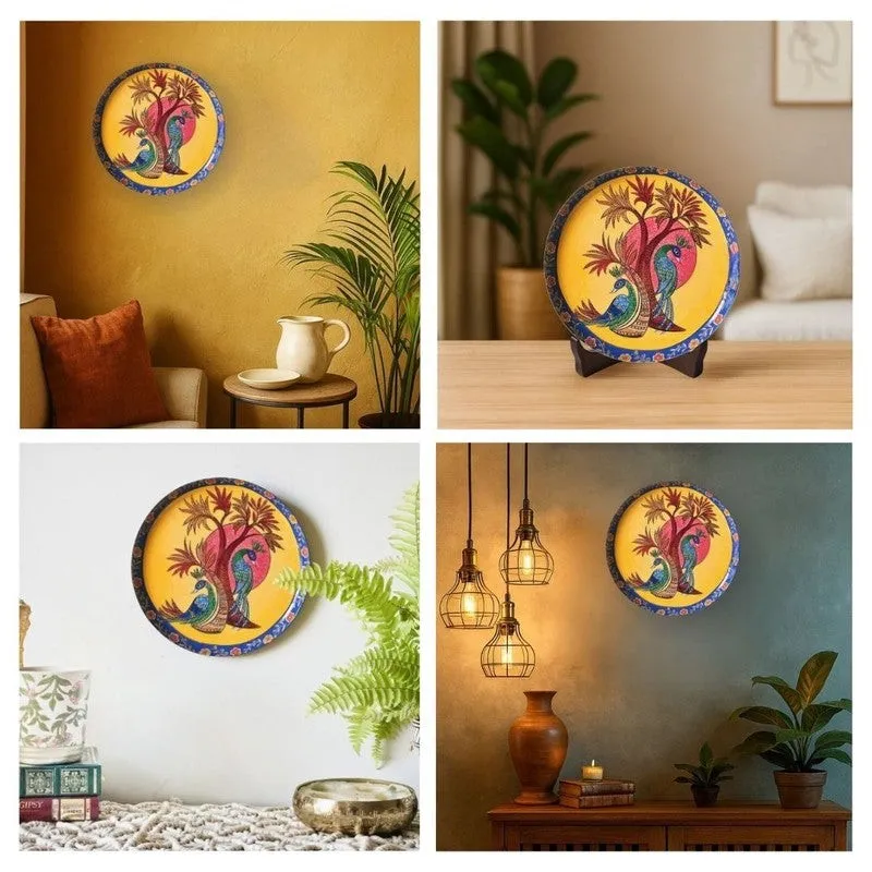 Collage showing the peacock wall plate styled on walls and on a stand