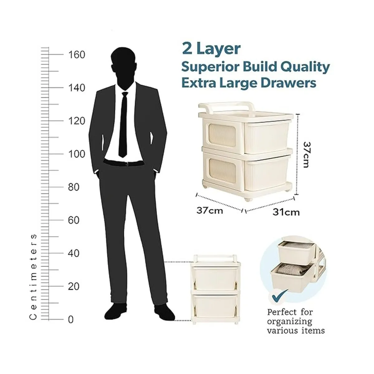 White storage rack assembly diagram showing panels, drawers and wheels