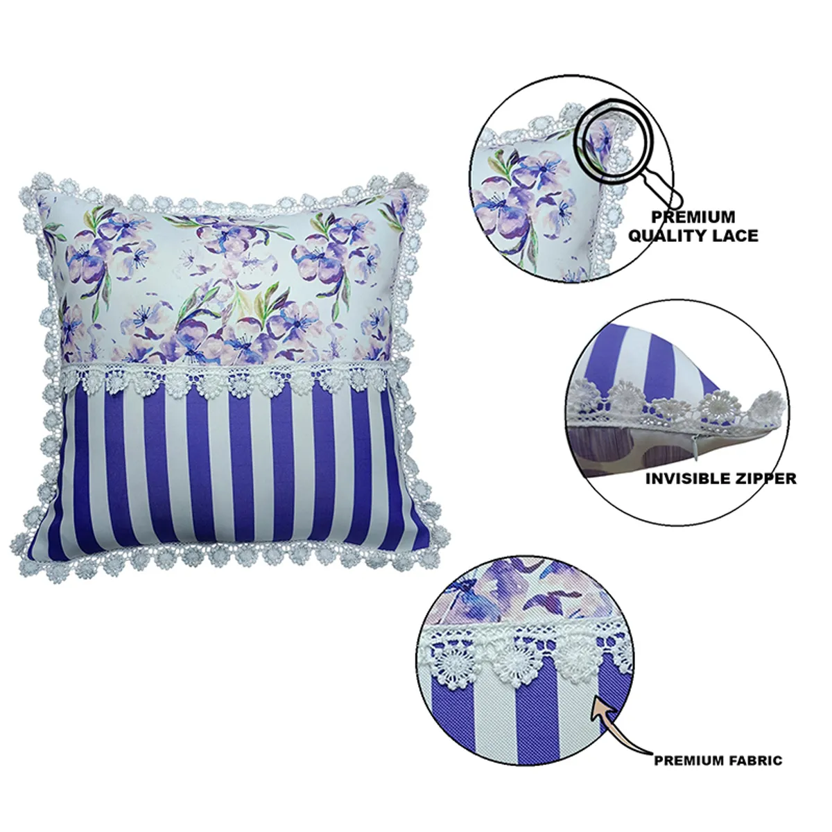 Floral and striped cushion cover with lace border and zip detail