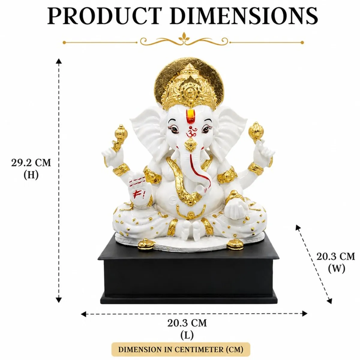 White and gold Ganesha idol shown with dimension arrows on a white background