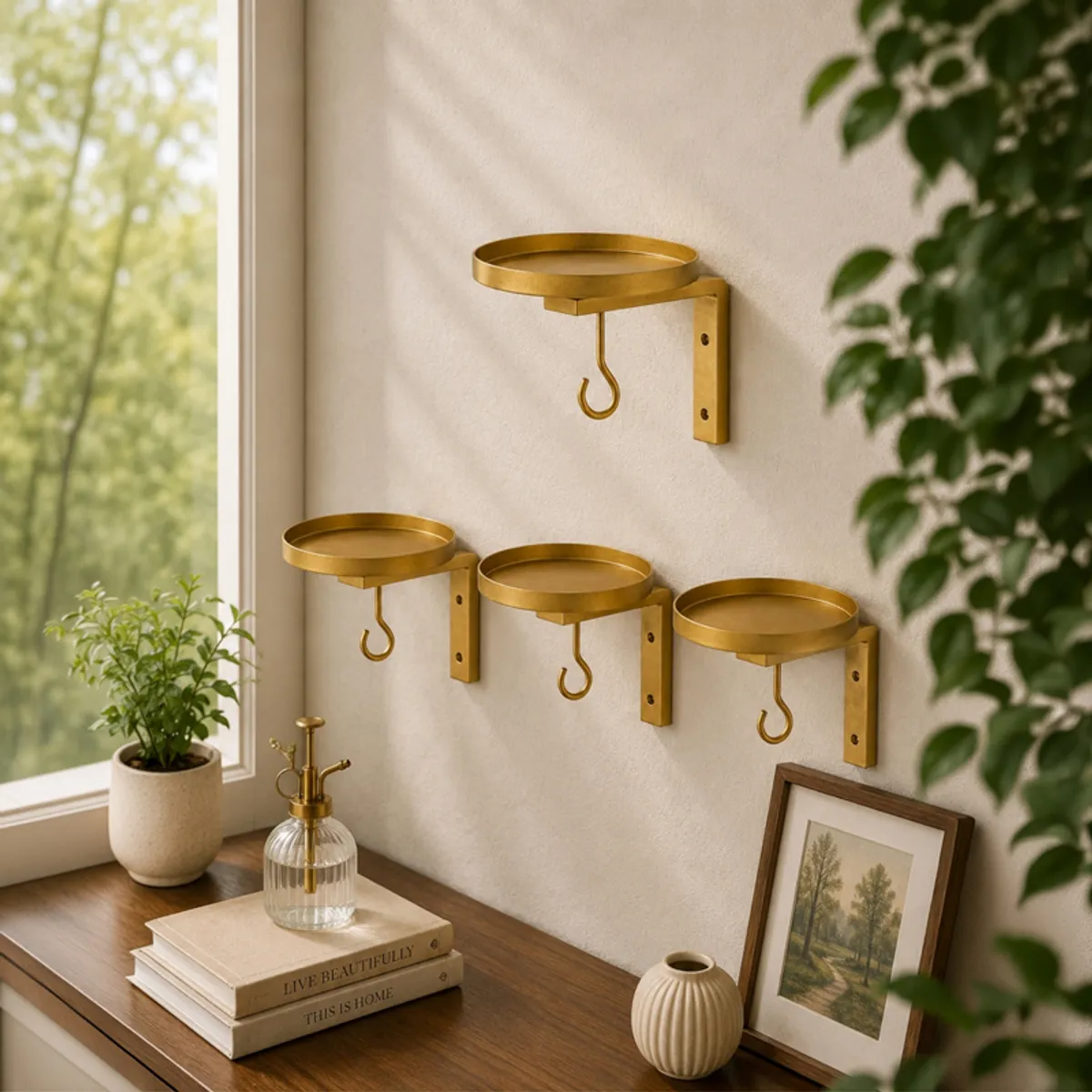 Four empty gold wall-mounted planter stands arranged on an indoor wall