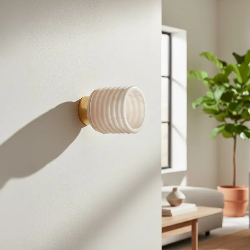 White ribbed wall lamp with gold-toned base mounted on a wall
