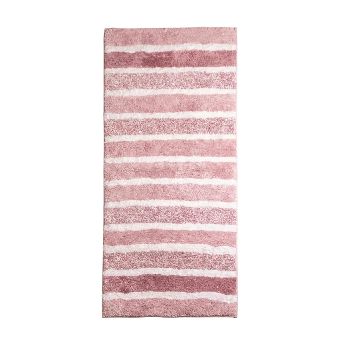 Pink plush runner rug with horizontal white and tonal pink stripes