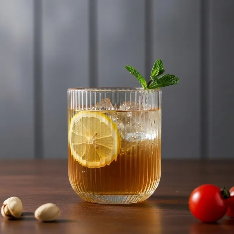 Clear cylindrical glass with a golden drink, lemon slice and mint garnish