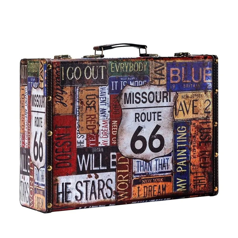 Rectangular storage box with colourful retro signage print and top handle