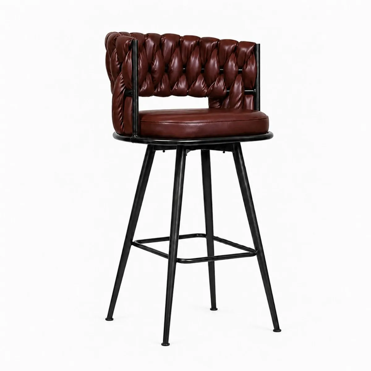 Angled view showing the brown faux leather seat and black metal stool frame.