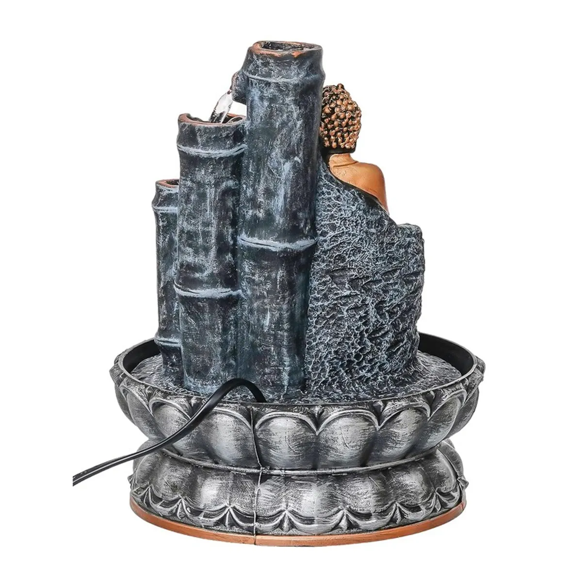Rear view of the fountain showing textured back and power cord