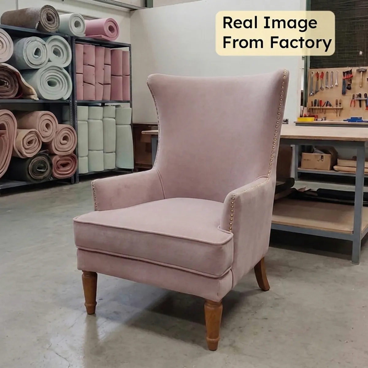 Elysian Teak Wood & Velvet Luxe Lounge Chair - Pink