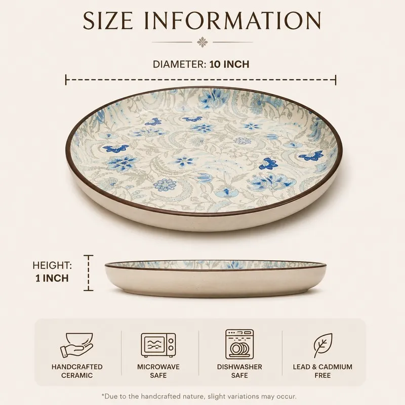 Round patterned ceramic dinner plate shown with printed size information