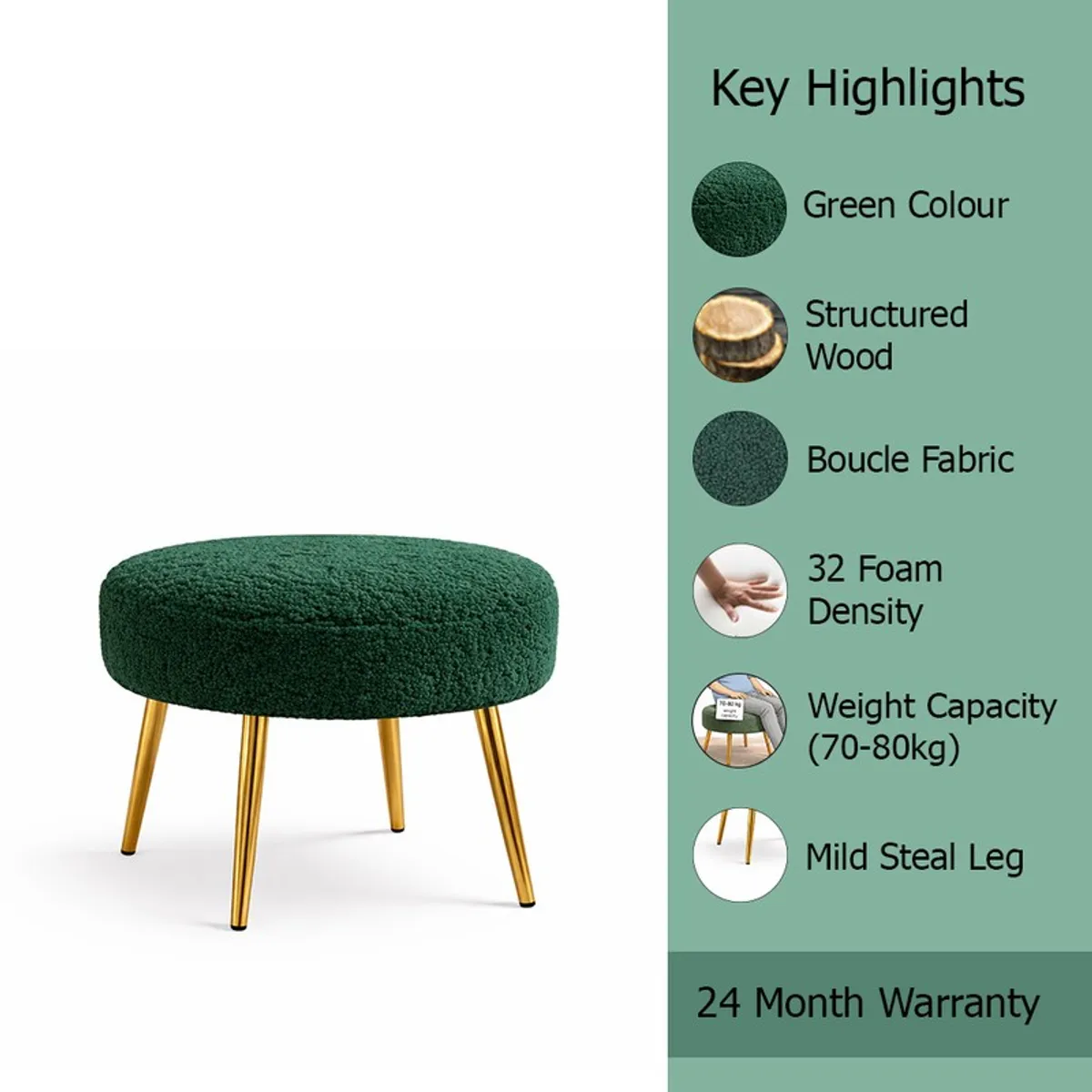 Green bouclé stool with gold legs shown beside a highlights panel