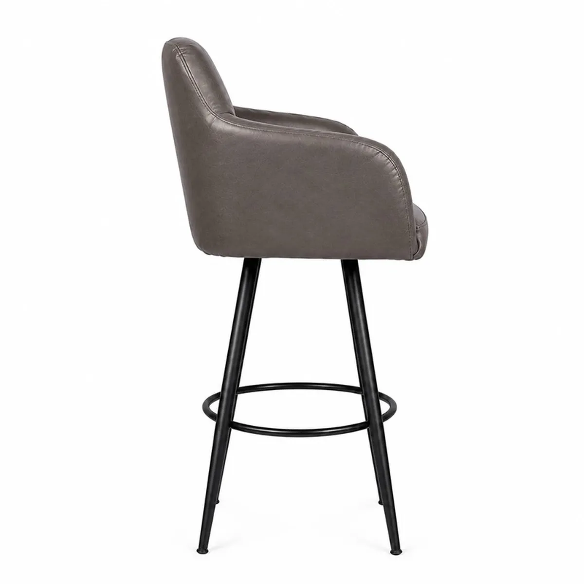 Side view of dark grey upholstered bar chair with black metal legs