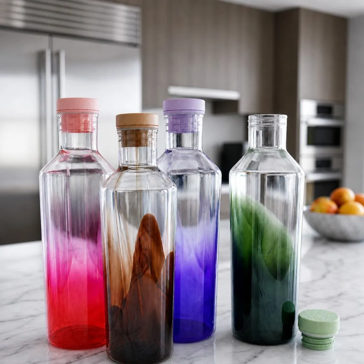 Four multicolour bottles arranged on a modern kitchen counter