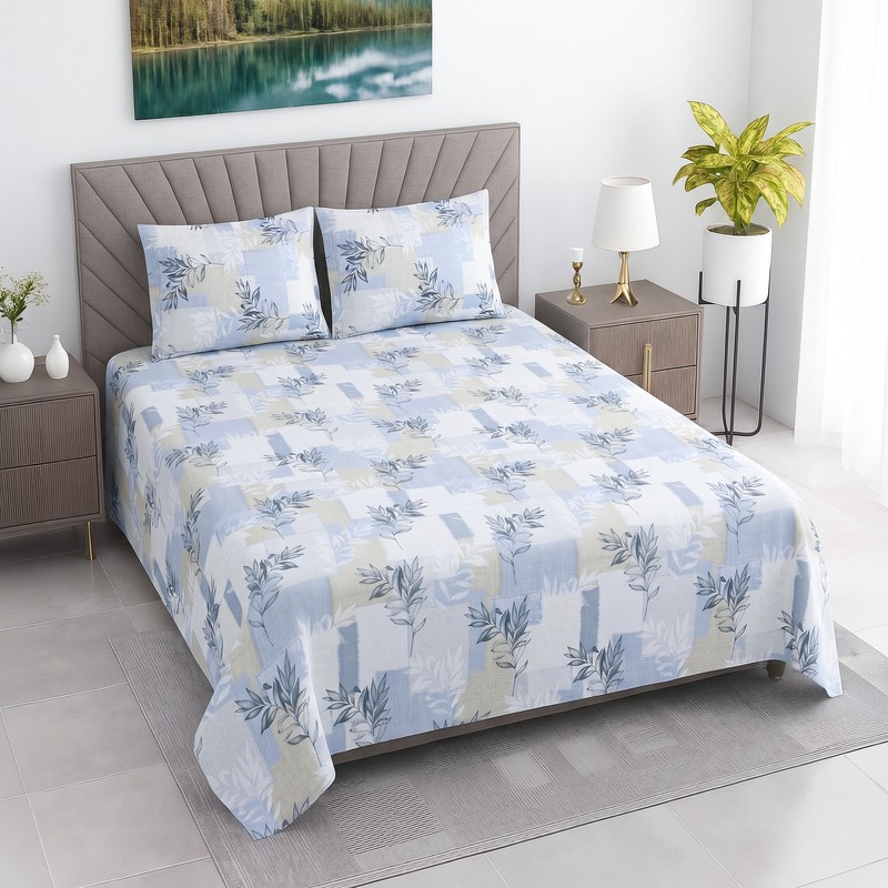 Floral Retreat Cotton Bedsheet (Blue) - 400 TC - King