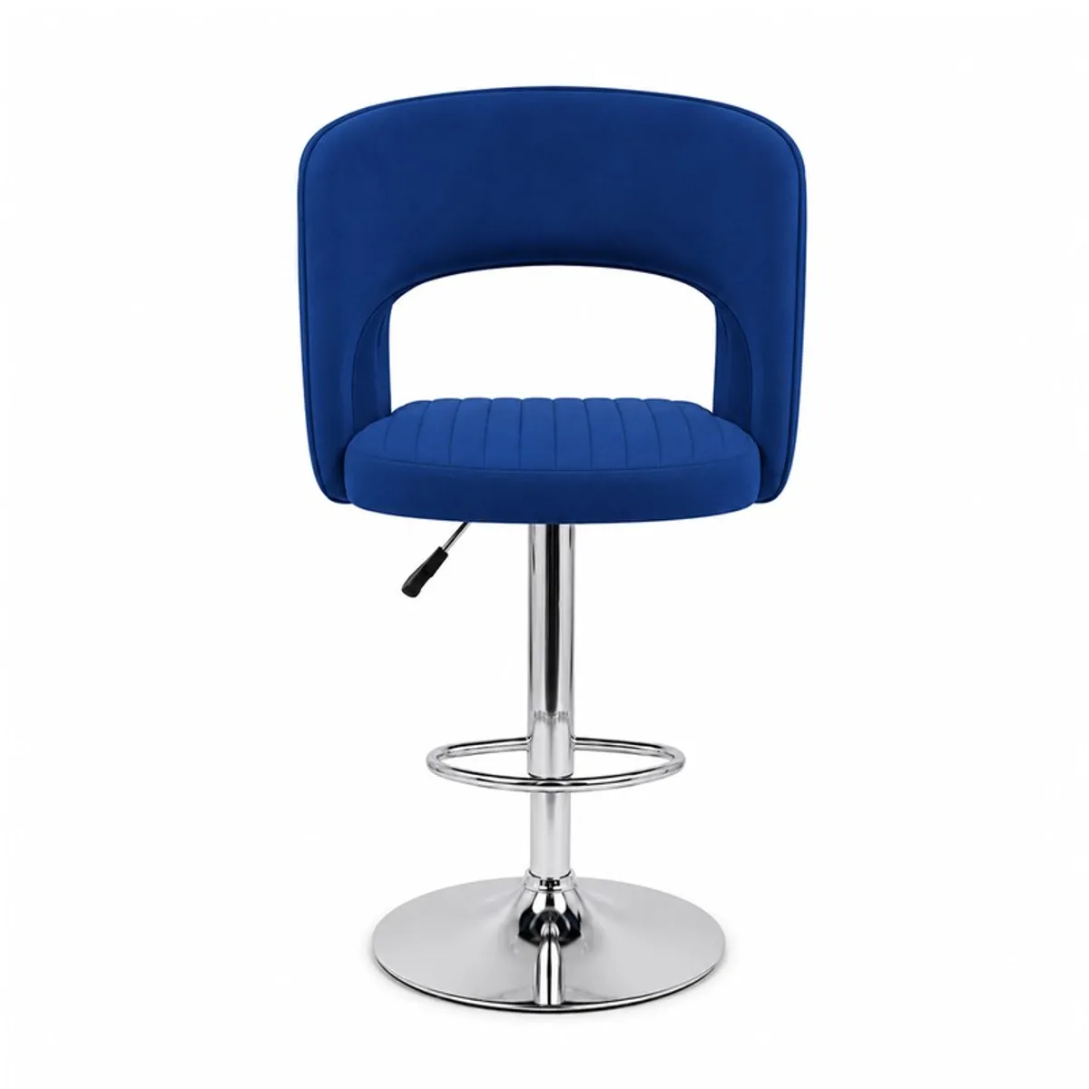 Back view of blue upholstered bar chair with open curved back