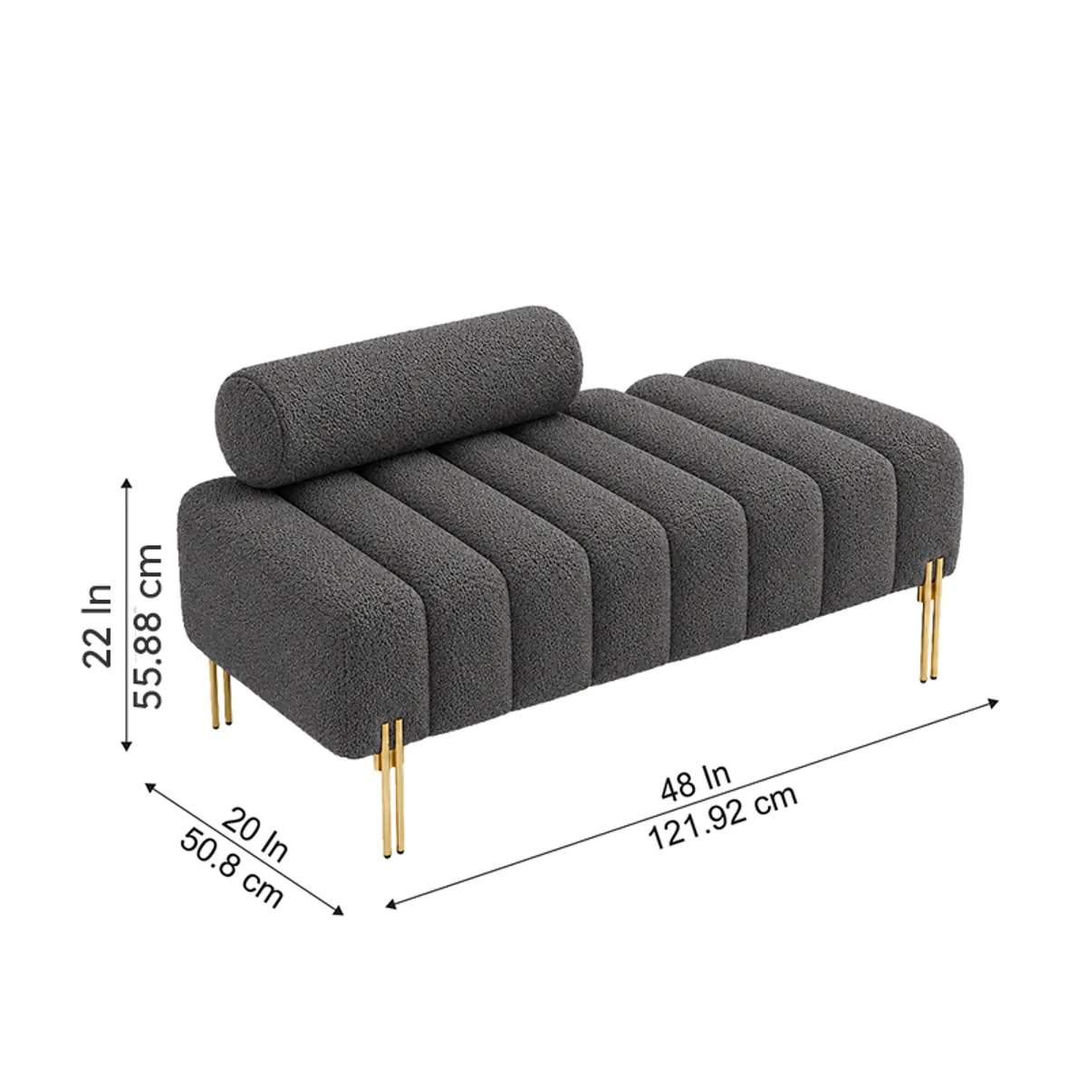 Dimension view of the grey bouclé bench with its cylindrical backrest and gold legs