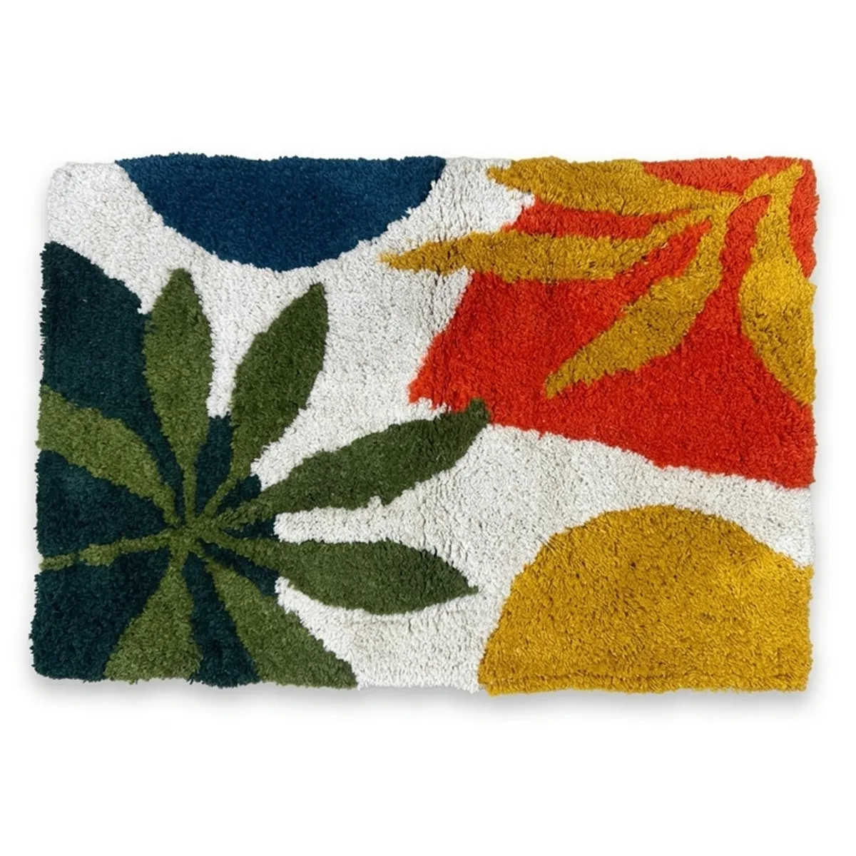Top view of a rectangular bath mat with colourful botanical and geometric shapes.