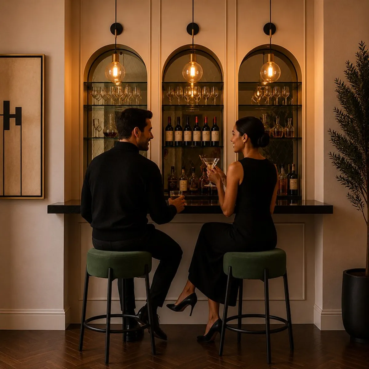 Two green bar stools placed at a home bar setting