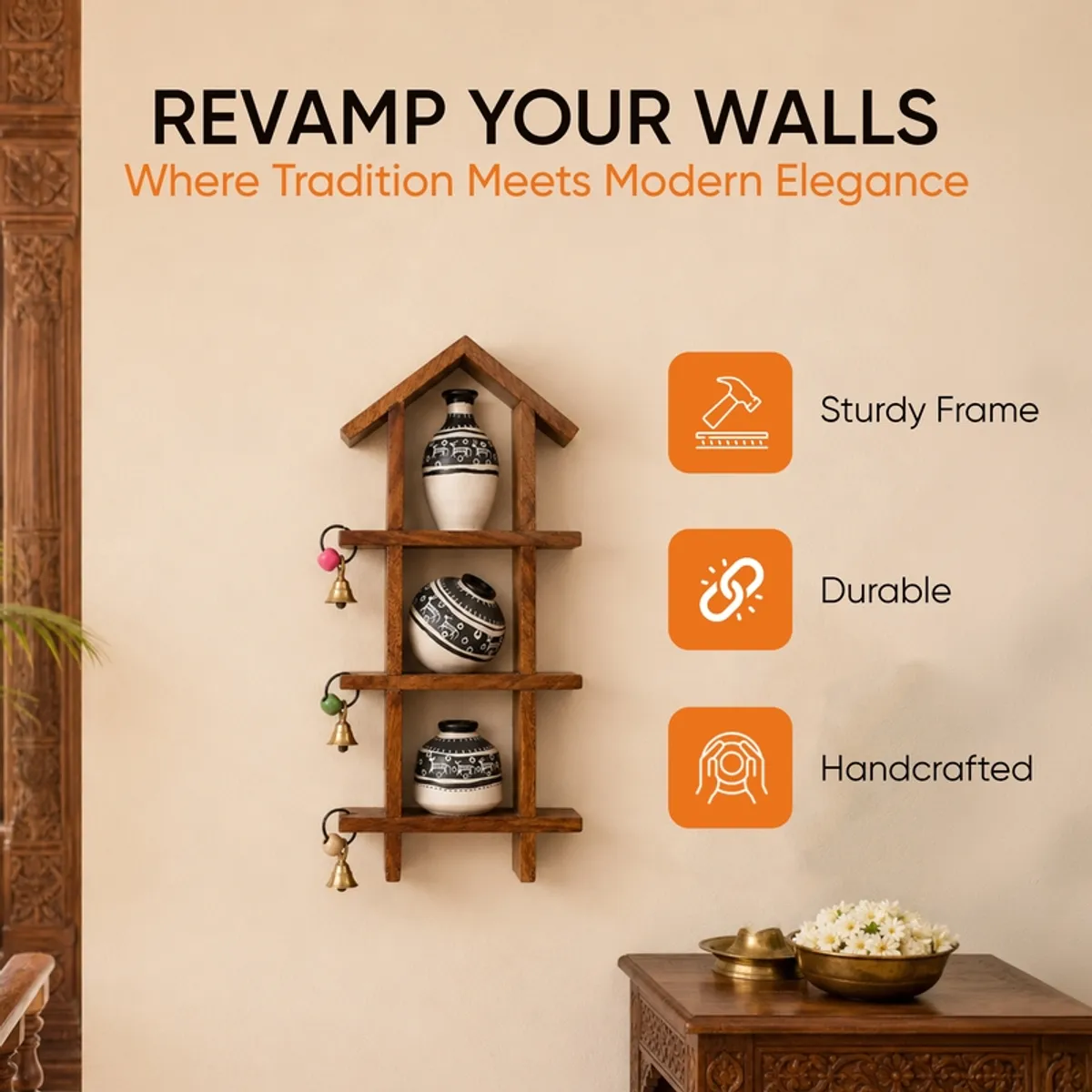 Brown wall shelf with three black-and-white folk-art vases against a decorated wall