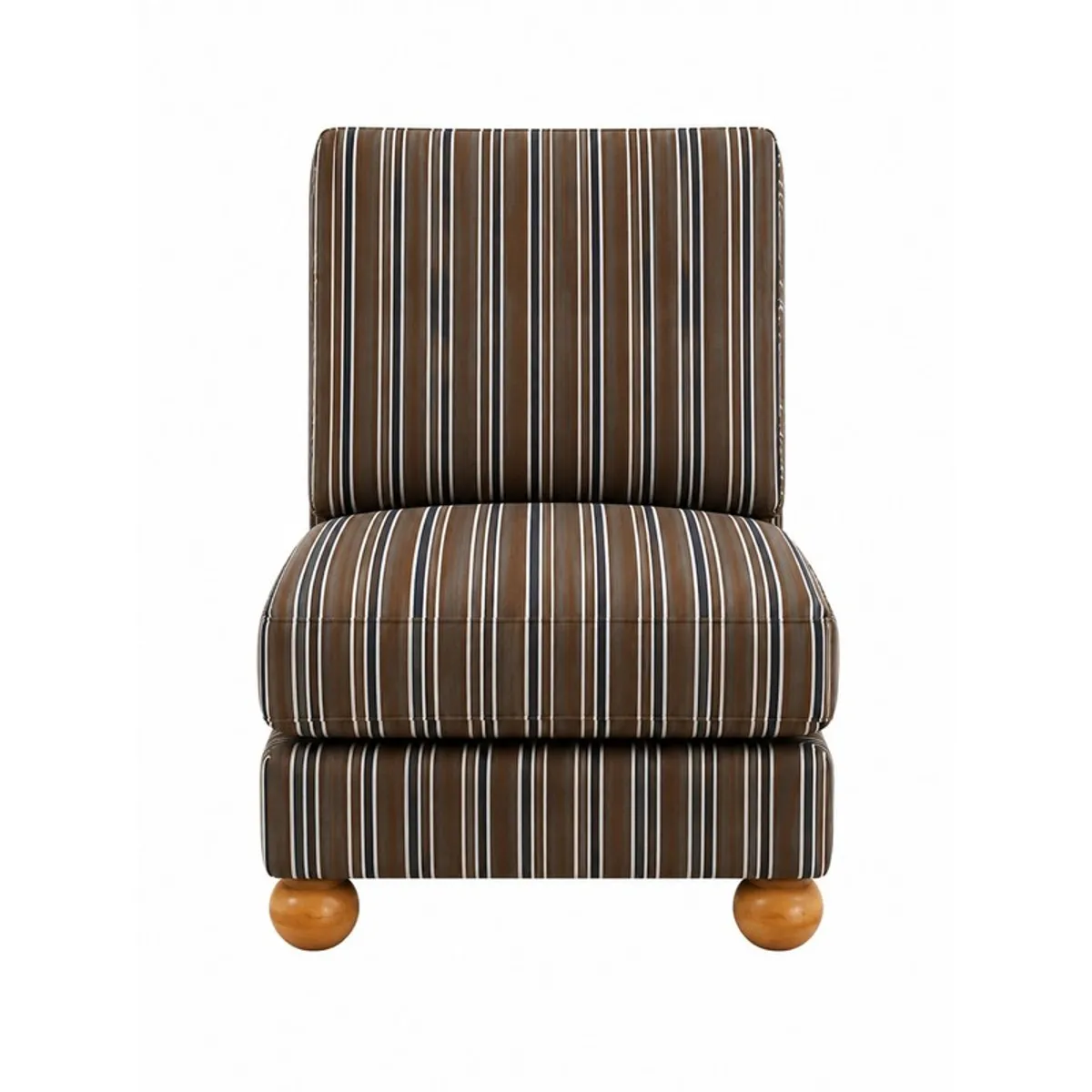 Front view of a brown striped accent chair with rounded wooden feet