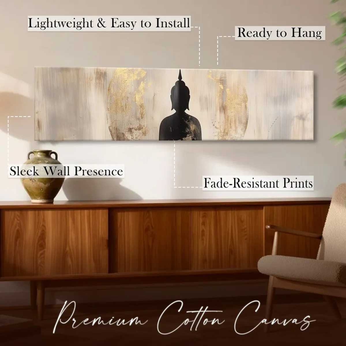 Buddha silhouette canvas wall art displayed above a wooden console