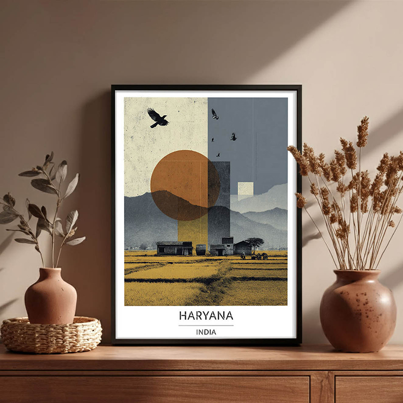 Rustic Fields of Haryana Wall Art With Black Frame - Small