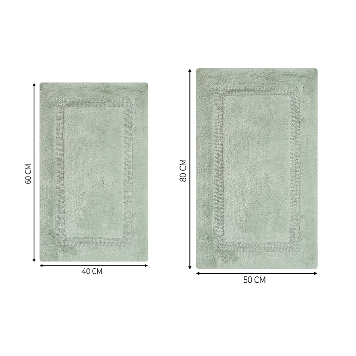 Two available green bath mat sizes shown with centimetre measurements