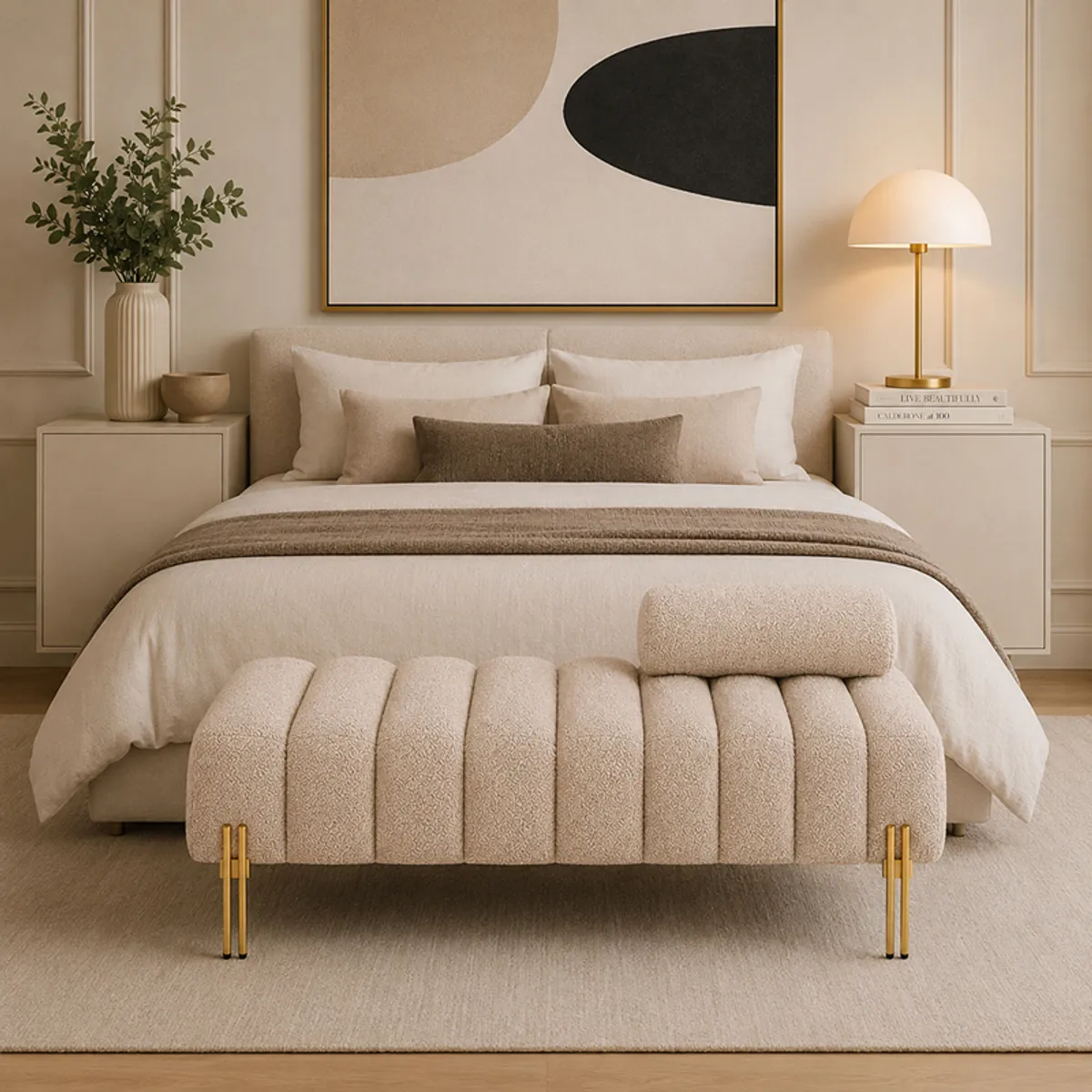 Beige boucle bench styled at the foot of a bed with gold-finished legs.