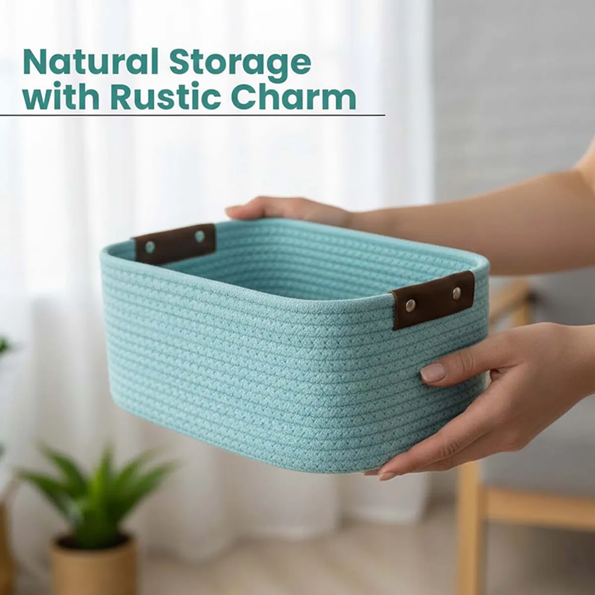 Hands holding a blue rectangular woven basket with brown handles