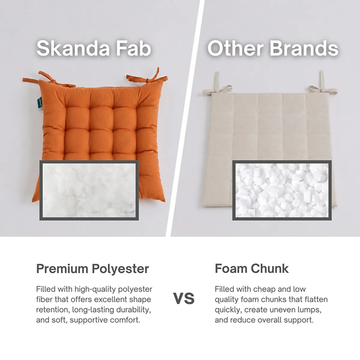 Brown tufted chair pad shown beside a contrasting chair pad in a comparison image