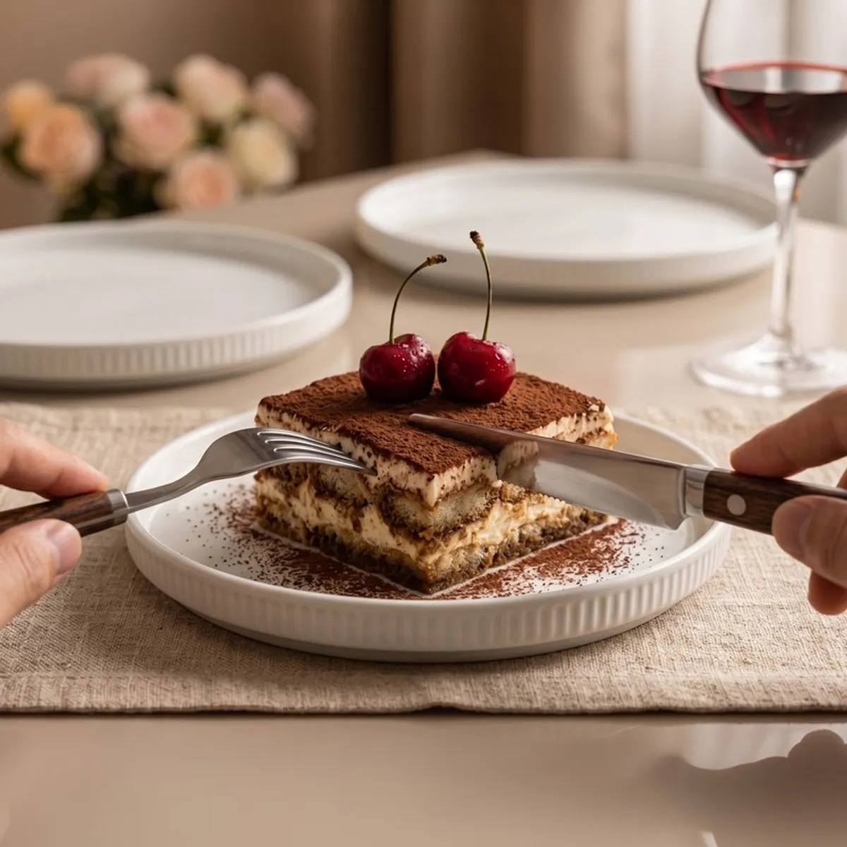 White ribbed quarter plate serving dessert on a dining table