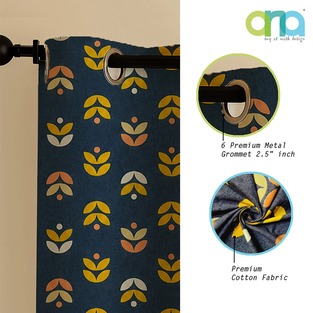 Close-up of blue curtain fabric and metal eyelet detail