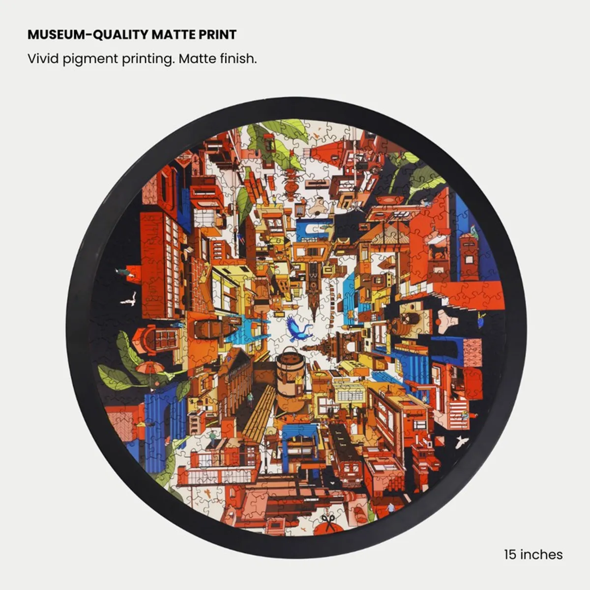 Close view of round multicolour cityscape puzzle wall art