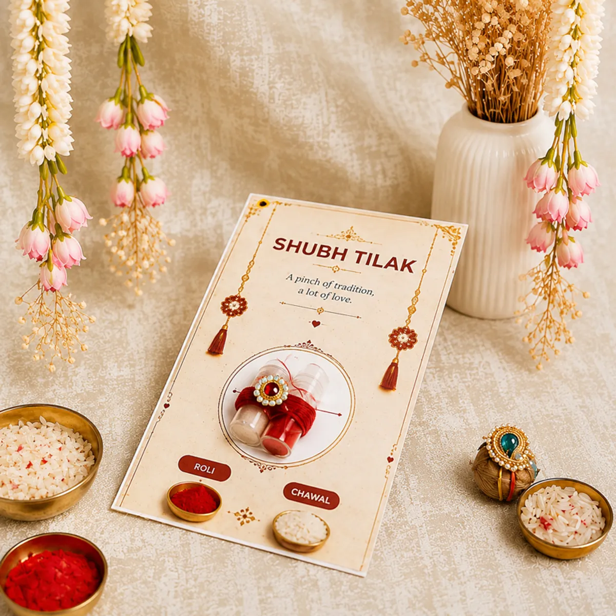 Shubh Tilak card with Rakhi, roli and chawal arranged for Raksha Bandhan