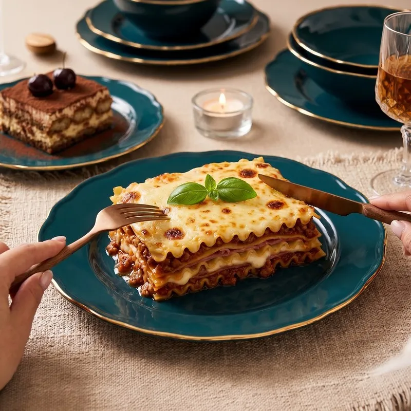 Dark teal plate with gold rim styled with a serving of lasagne