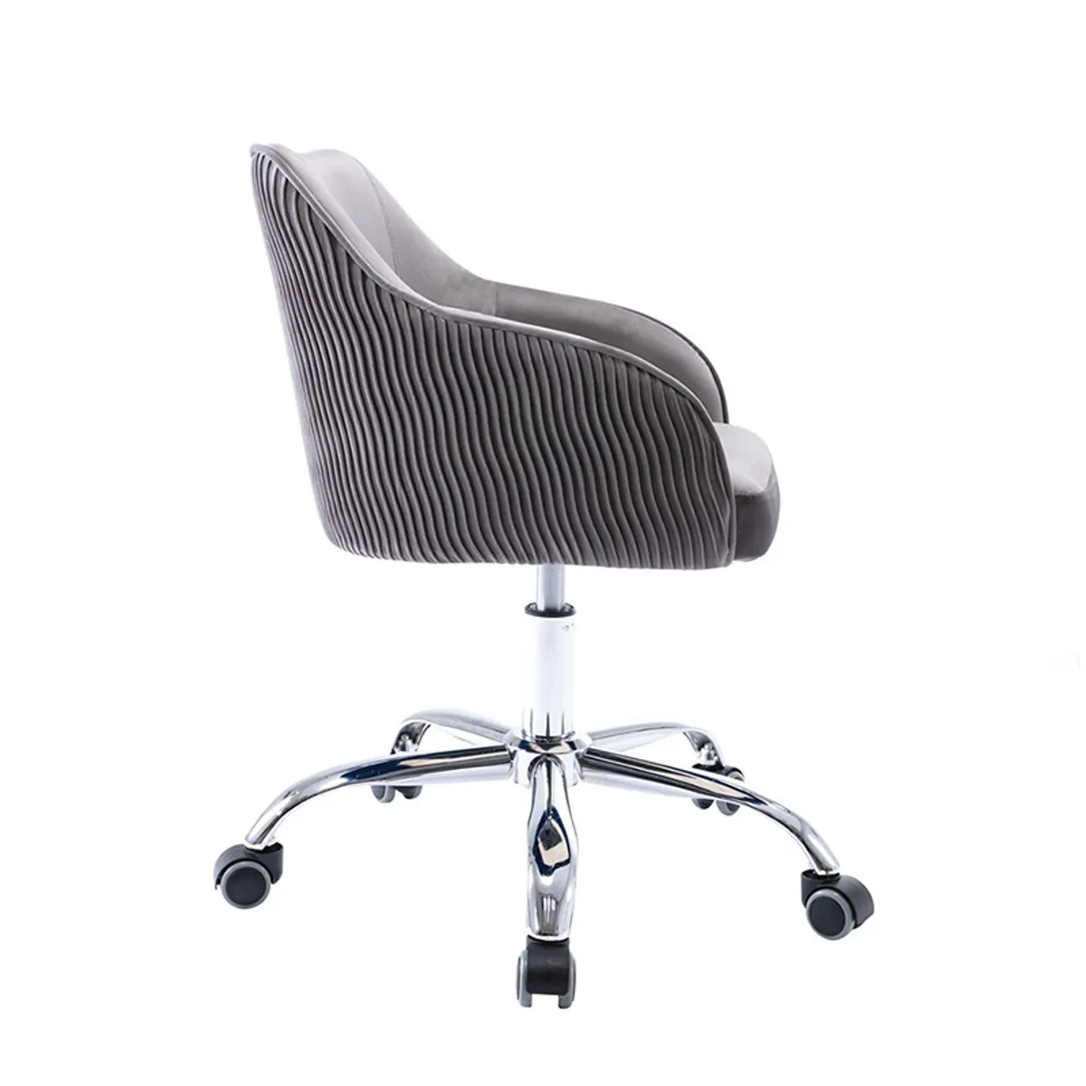 Side view of the grey office chair highlighting its ribbed back and curved silhouette